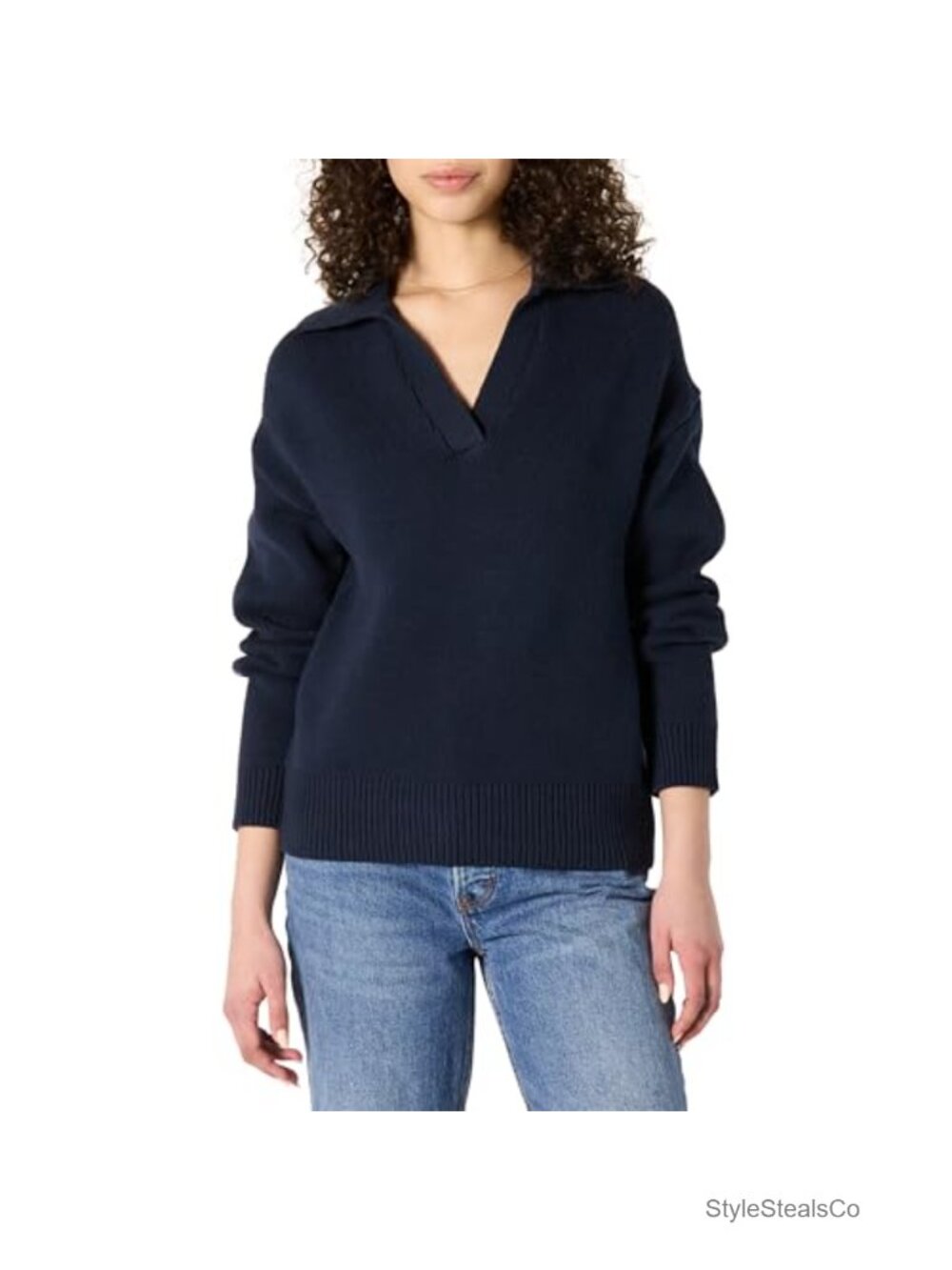 Womens Midweight Cotton Polo Sweater V Neck Long Sleeve Pullover
